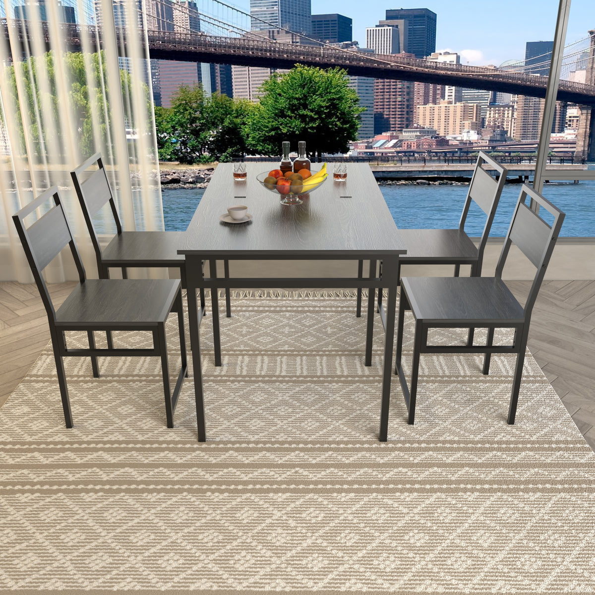 Extendable Dining Table Set with 4 Chairs, Industrial Rectangular Expandable Kitchen Table, Wood Grain Metal Frame Space Saving Dinner Furniture for Small Family Apartment