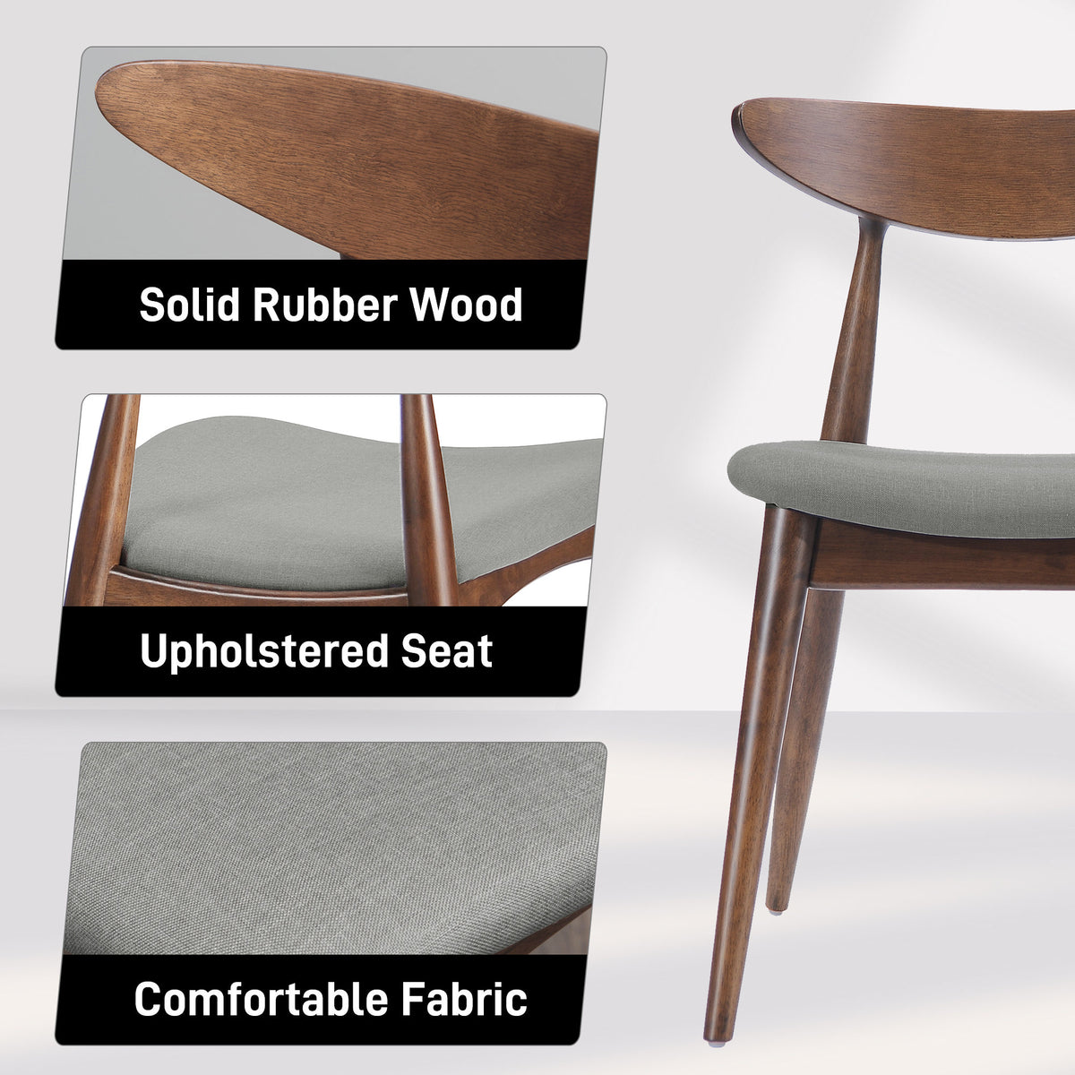 Set of 2 Retro Rubberwood Dining Chairs with Ergonomic Back & Plush Cushions in Walnut and Light Gray, Solid Rubberwood Frame with TSCA-Certified Foam Seats