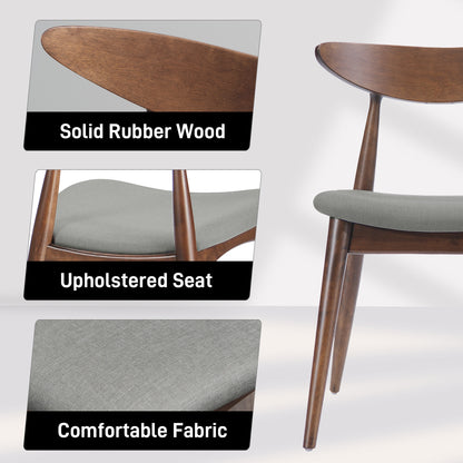 Set of 2 Retro Rubberwood Dining Chairs with Ergonomic Back & Plush Cushions in Walnut and Light Gray, Solid Rubberwood Frame with TSCA-Certified Foam Seats