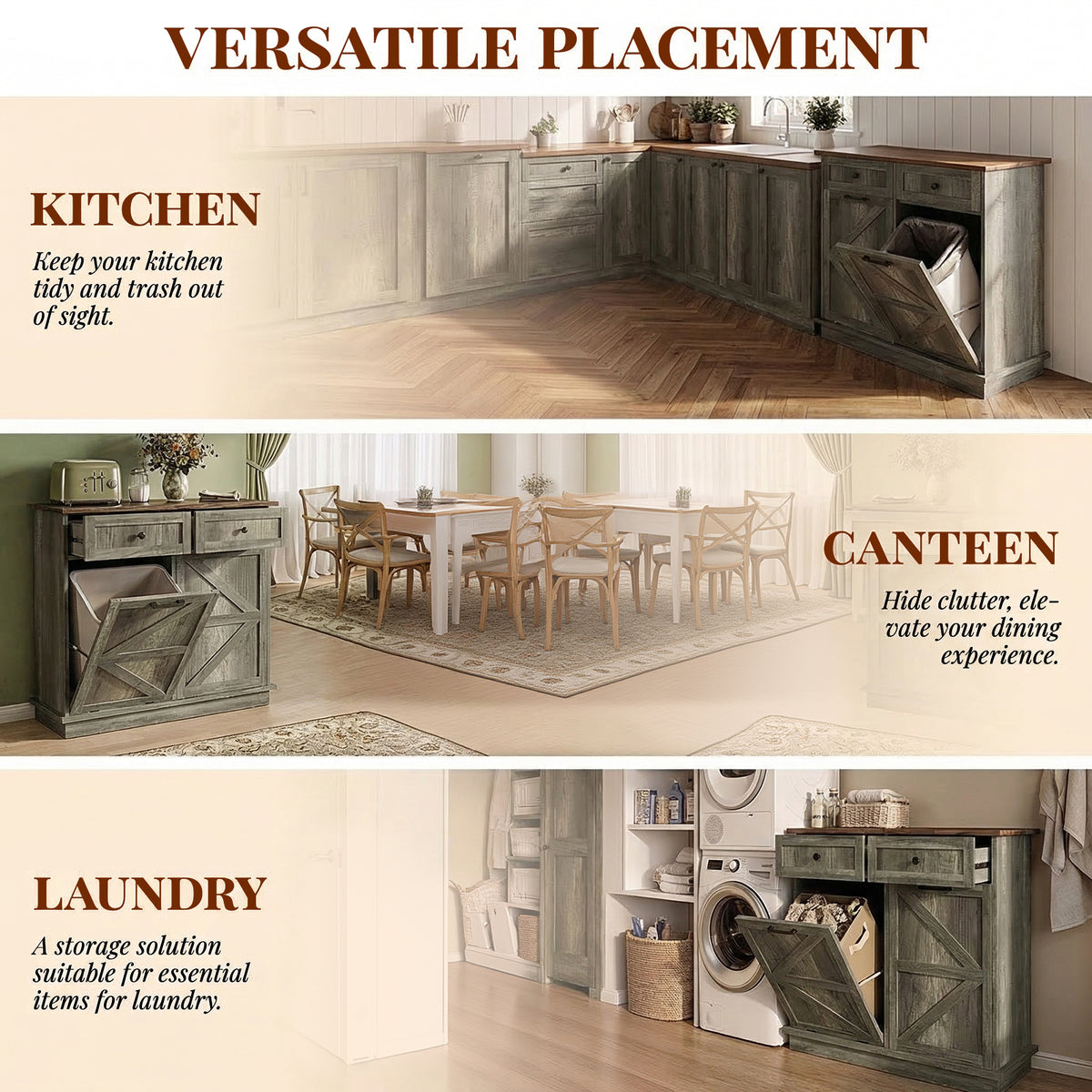Tilt Out Trash Can Cabinet for Kitchen, Double 10-Gallon Hidden Trash Cabinet with Drawer, Farmhouse Wooden Garbage Cabinet, Dog Proof Trash Can Storage for Kitchen Laundry Living Room Office
