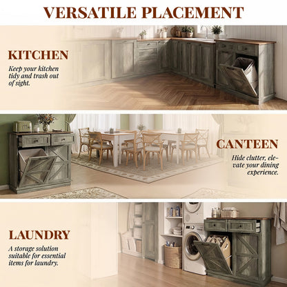 Tilt Out Trash Can Cabinet for Kitchen, Double 10-Gallon Hidden Trash Cabinet with Drawer, Farmhouse Wooden Garbage Cabinet, Dog Proof Trash Can Storage for Kitchen Laundry Living Room Office