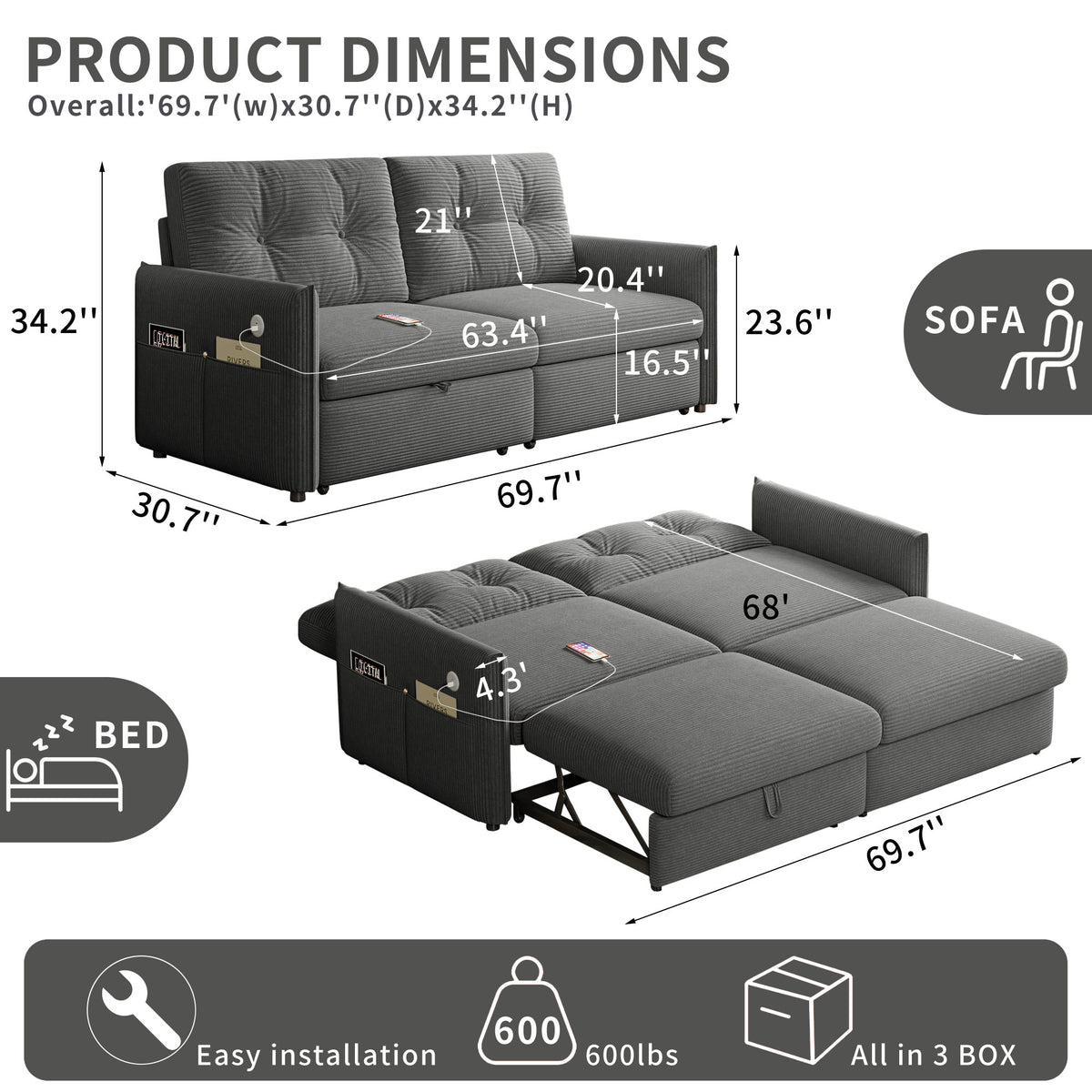 Sleeper Sofa, 69.7' Pull-Out Bed Storage Sectional, Convertible 2-in-1 Sofa Bed with Ottoman, Cozy Multi-Functional Futon for Small Spaces, Corduroy Fabric, Ideal for Living Room & Bedroom