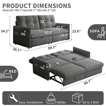 Sleeper Sofa, 69.7' Pull-Out Bed Storage Sectional, Convertible 2-in-1 Sofa Bed with Ottoman, Cozy Multi-Functional Futon for Small Spaces, Corduroy Fabric, Ideal for Living Room & Bedroom
