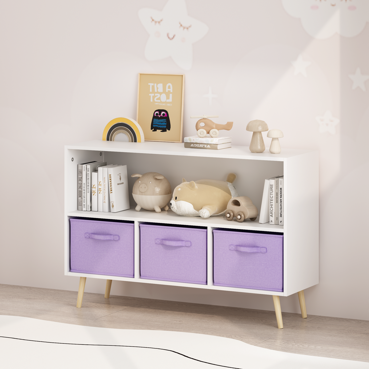 Kids bookcase with Collapsible Fabric Drawers, Children's Book Display, Toy Storage Cabinet Organizer, White/Purple