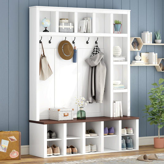 Farmhouse Wooden Hall Tree with 6 Hooks, Walnut Storage Bench with Adjustable Shelves, 4-in-1 Entryway Shoe Cabinet with Cubbies for Mudroom, Living Room, White, 76.7'H (OLD SKU: N721S000044K)