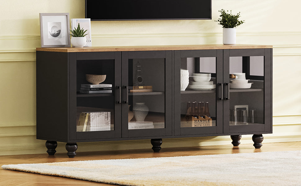 ON-TREND Farmhouse TV Stand with Tempered Glass Doors for TVs Up to 70", Versatile Sideboard with Adjustable Shelves