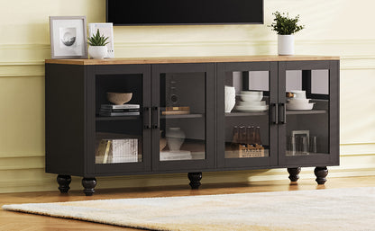 ON-TREND Farmhouse TV Stand with Tempered Glass Doors for TVs Up to 70", Versatile Sideboard with Adjustable Shelves