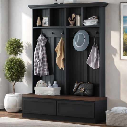 Farmhouse 4-in-1 Hall Tree with Wood Grain Bench, Mudroom Versatile Coat Rack with 2 Large Drawer, Entrance Organizer for Hallway, Living Room, Black, 55.9'W (OLD SKU: N721P313099B)