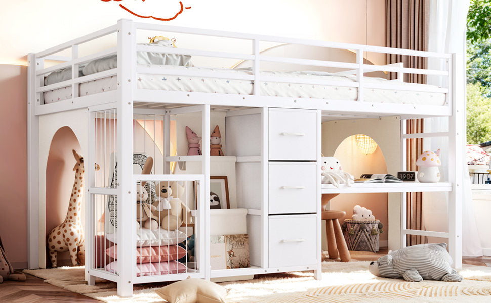 Twin Metal Low Loft Bed for Kids, Low Loft Bed with Storage Drawer, Low Loft Bed with Bookshelf & Built-in Desk, Sturdy Low Loft Bed Frame, Multi-Function Low Loft Bed for Kids.White
