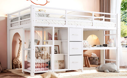 Twin Metal Low Loft Bed for Kids, Low Loft Bed with Storage Drawer, Low Loft Bed with Bookshelf & Built-in Desk, Sturdy Low Loft Bed Frame, Multi-Function Low Loft Bed for Kids.White