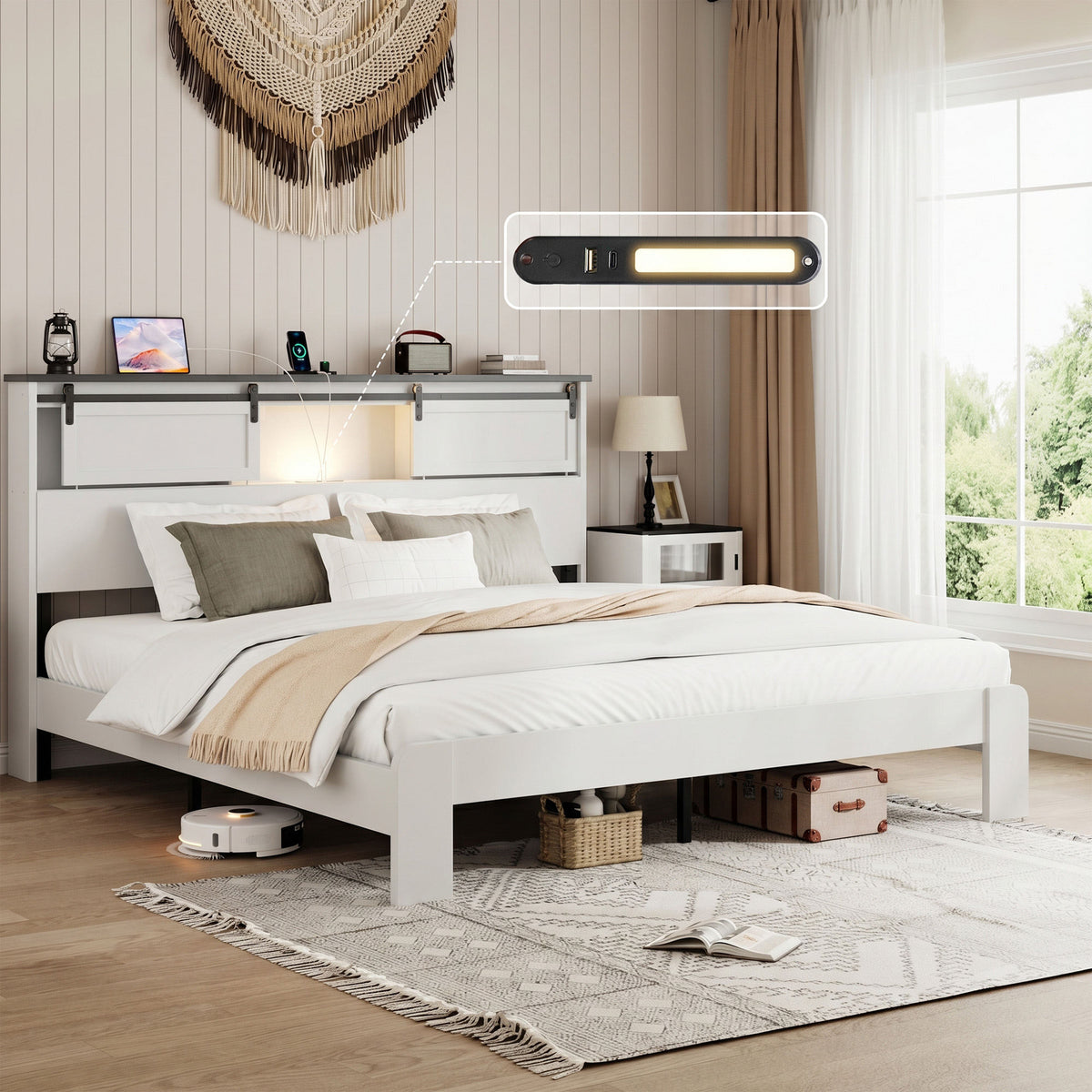King size bed, metal bed frame with charging station, no need for box spring, (white), no noise, easy to assemble.