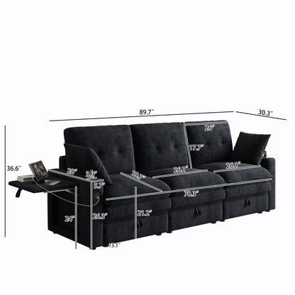 89-inch three-person cloud sofa with storage, armrests featuring hidden tabletop and USB ports, and armrests with storage function. High-quality cashmere three-person sofa. Suitable for living rooms,
