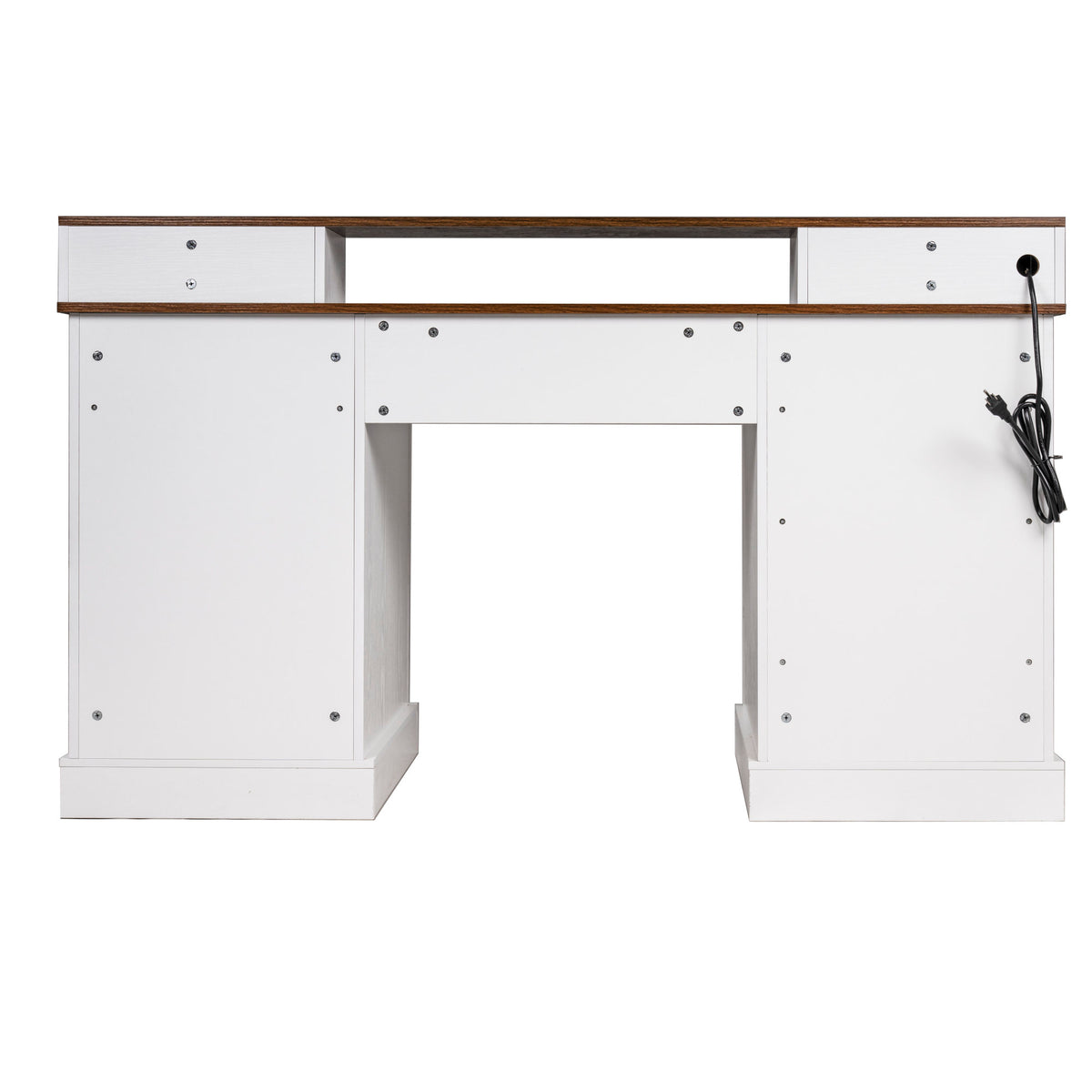 White Farmhouse Office Desk with Charging Station, Monitor Stand & Storage Cabinet, Barn Door Design, MDF, 59.5' L x 21' W x 35.8' H