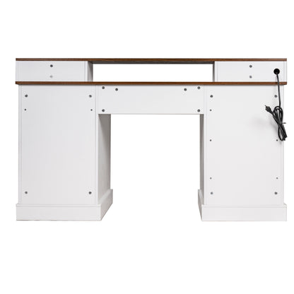 White Farmhouse Office Desk with Charging Station, Monitor Stand & Storage Cabinet, Barn Door Design, MDF, 59.5' L x 21' W x 35.8' H