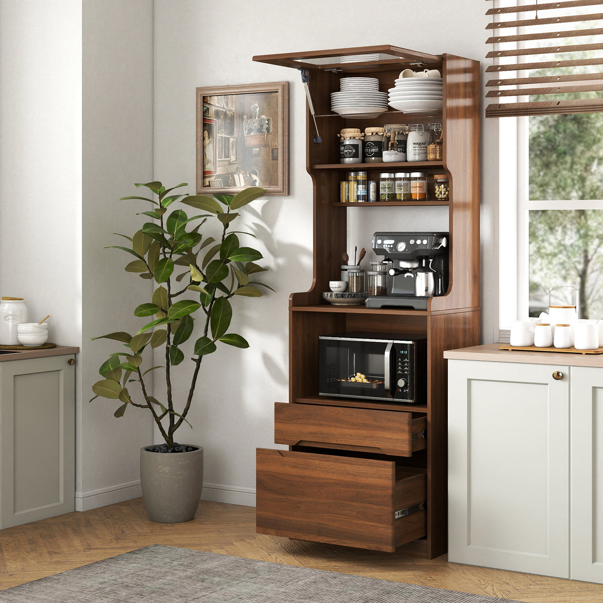 Kitchen Pantry Hutch Storage Cabinet, Farmhouse Kitchen Hutch Buffet Cabinet with Microwave Stand – Model W331P440565