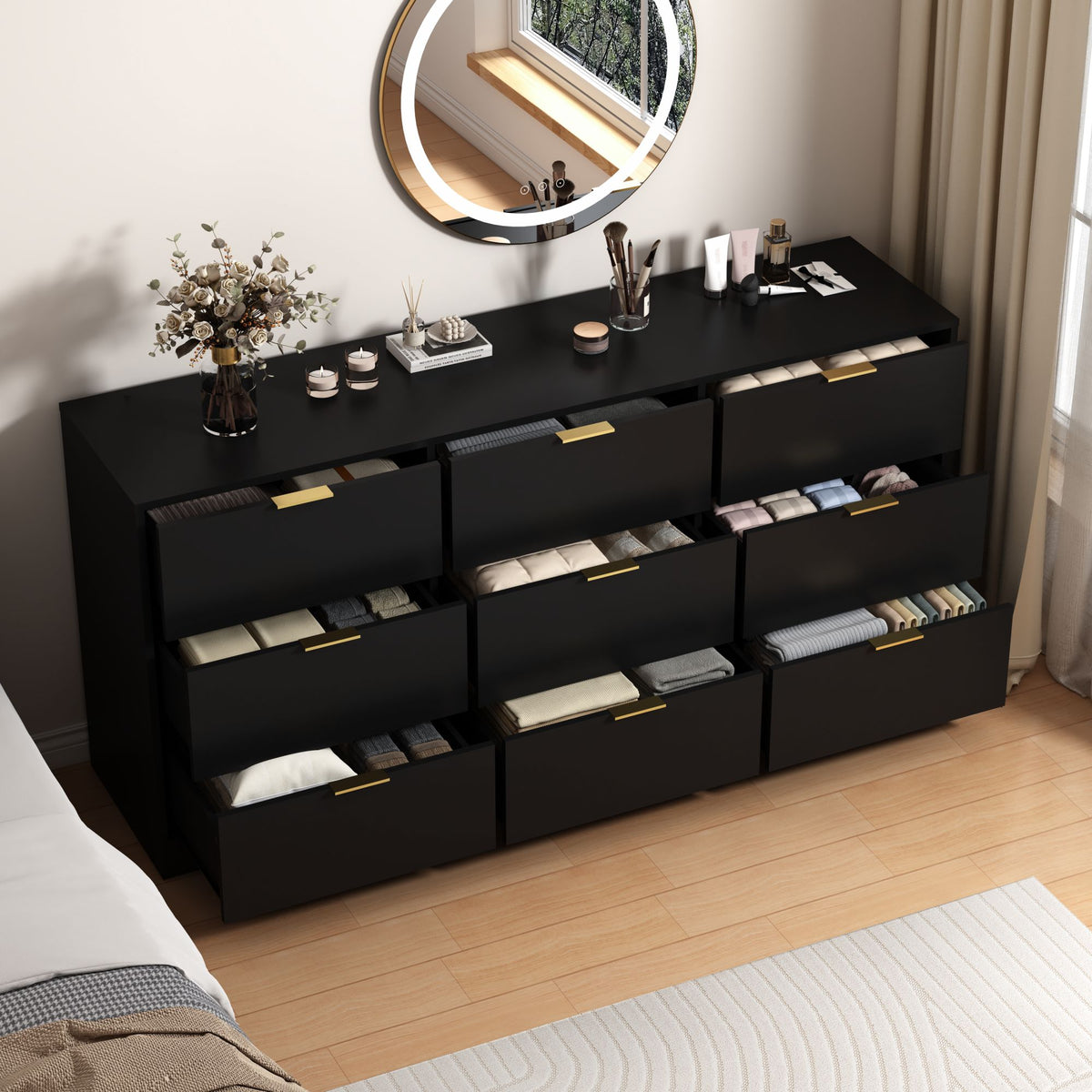 Black 9 Drawer Dresser, 63" Large Deep Chest of Drawers, Wooden Dresser Storage Cabinet with 9 Drawers, Long Dressers