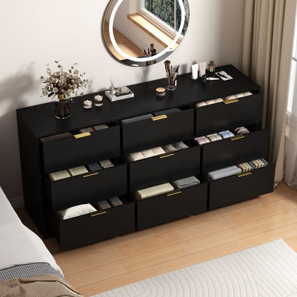 Black 9 Drawer Dresser, 63" Large Deep Chest of Drawers, Wooden Dresser Storage Cabinet with 9 Drawers, Long Dressers
