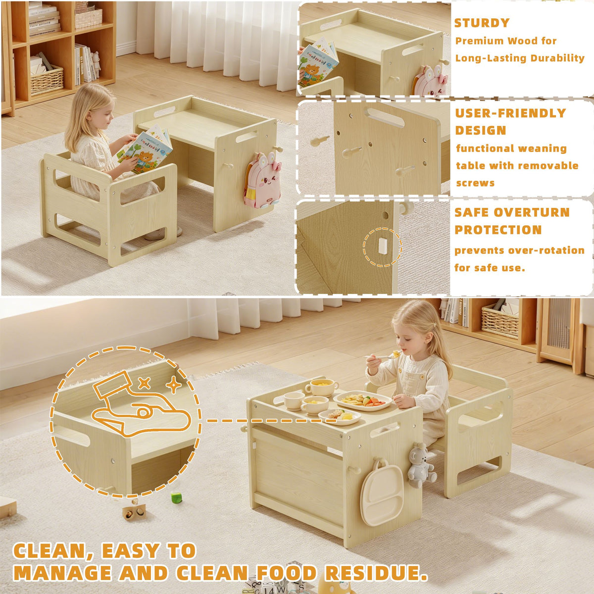 Montessori Weaning Table and Chair Set, Adjustable Wooden Toddler Table and Chair Set, Kids Activity & Play Table for Eating, Drawing, Learning and Playing(Natural)