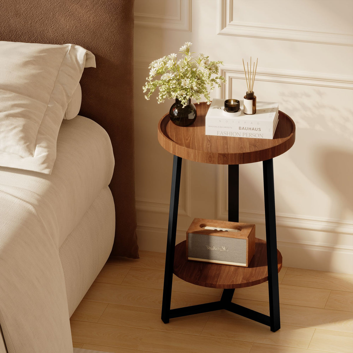 End Table with Storage, 2-Tier Small Round Side Table, Farmhouse Accent Table & Nightstand for Living Room, Bedroom & Small Spaces, Wood Top, Black Metal Frame, Brown