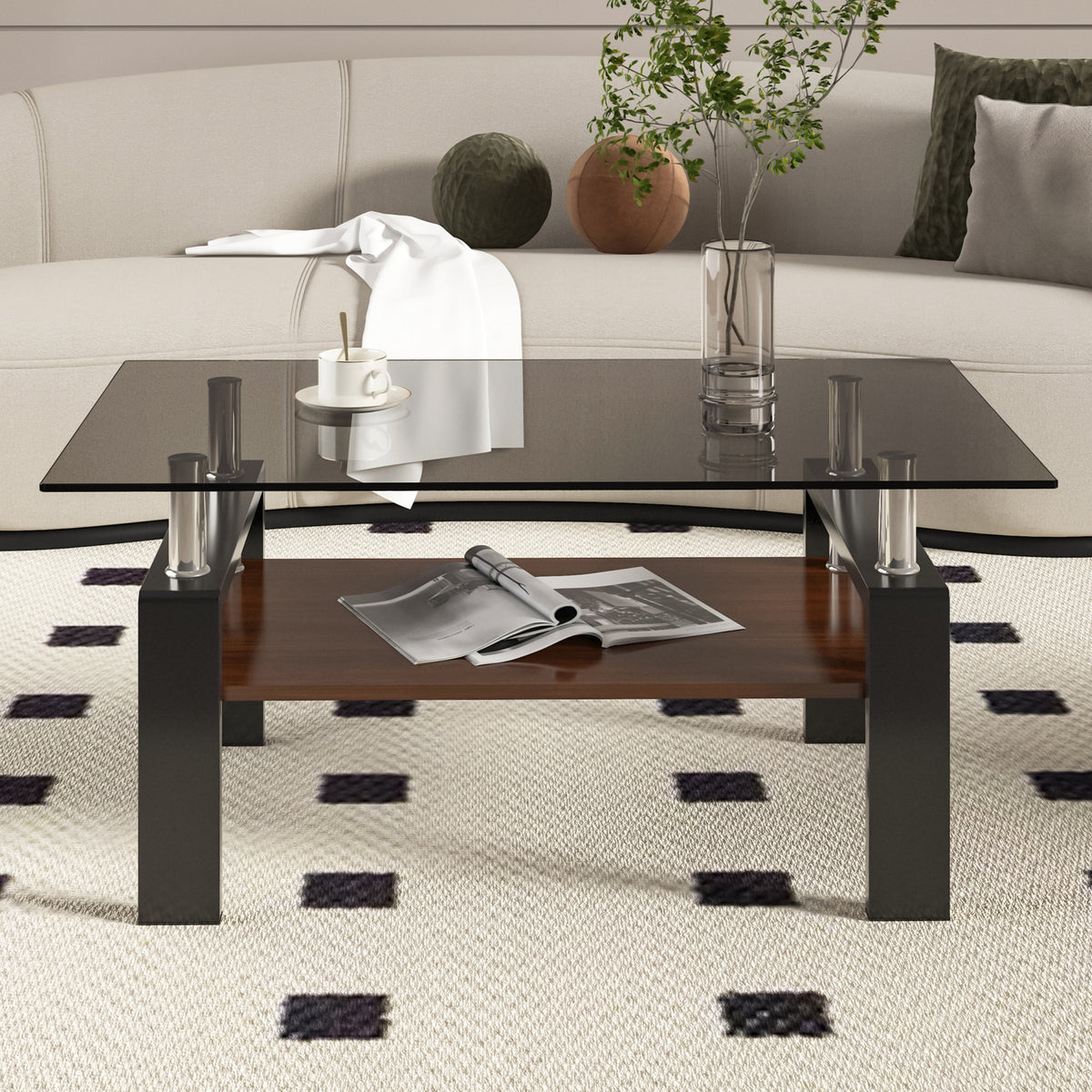 Modern Rectangular Coffee Table with Tempered Gray Glass Top and MDF Layer - Table