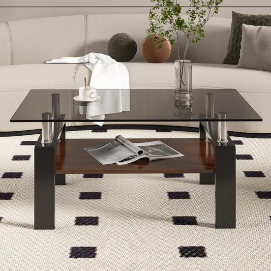 Modern Rectangular Coffee Table with Tempered Gray Glass Top and MDF Layer - Table