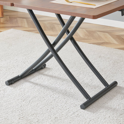 Modern minimalist multifunctional lift table with 0.8 inch thick MDF desktop and black metal legs, can be used as a dressing table, coffee table, dining table, and office table.Walnut textured desktop