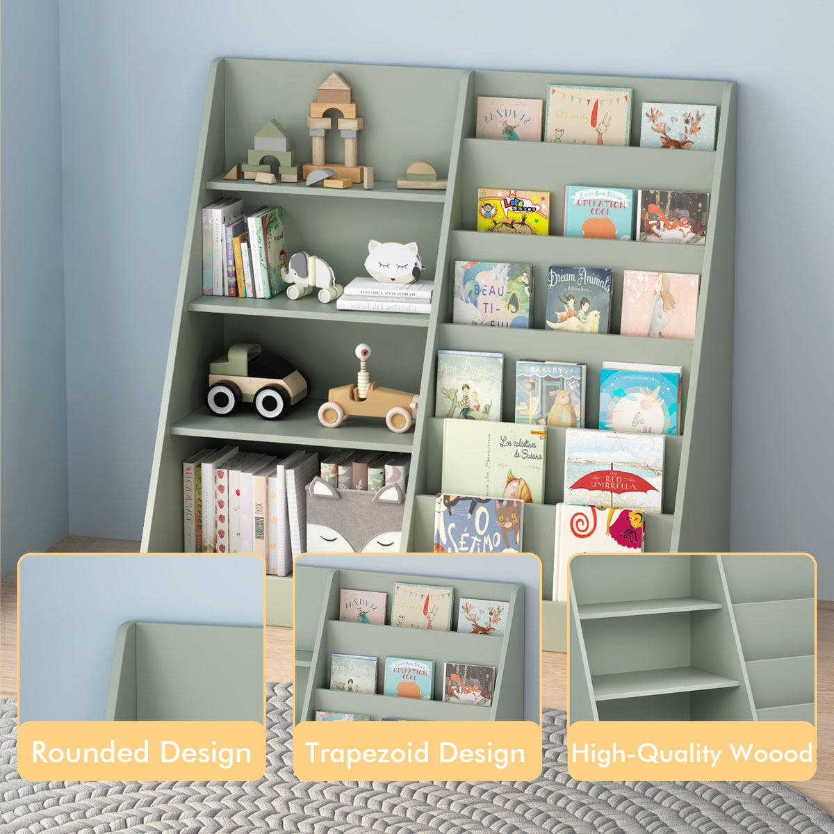 Kids Bookshelf and Toy Storage Organizer, Multifunctional 4 Tier Wooden Kids Book Shelf with  Bookcase Display Stand in Kids Room Playroom Nursery for Kids, Children, Toddlers (Sage)