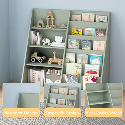 Kids Bookshelf and Toy Storage Organizer, Multifunctional 4 Tier Wooden Kids Book Shelf with  Bookcase Display Stand in Kids Room Playroom Nursery for Kids, Children, Toddlers (Sage)