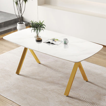Rectangular dining table featuring a tempered glass tabletop with a marble-patterned design and golden metal legs, ideal for restaurant dining settings.
