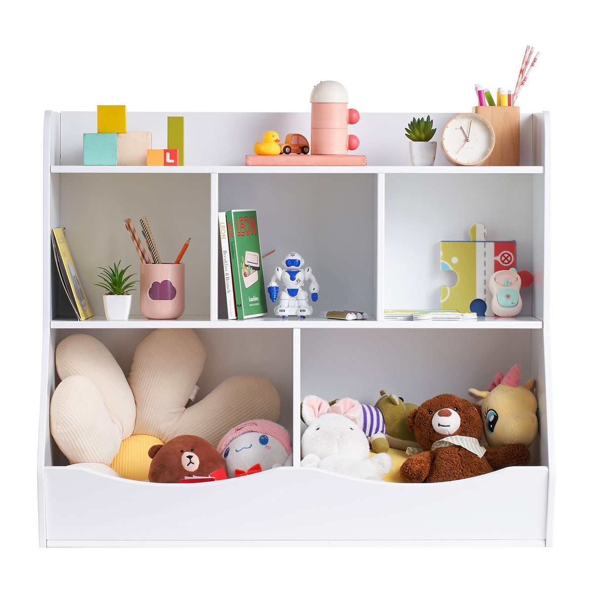 Wood Kid Storage Cubby, Toy Storage Organizer with Bookshelf, 5-Cubby Wood Toy Storage Cabinet, Children Book Toy Shelf, Kindergarten, White