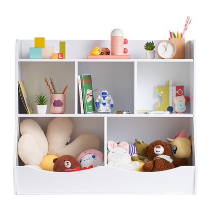 Wood Kid Storage Cubby, Toy Storage Organizer with Bookshelf, 5-Cubby Wood Toy Storage Cabinet, Children Book Toy Shelf, Kindergarten, White
