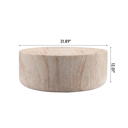Round Cylinder Coffee Table, MgO Faux Travertine Low Profile Accent Coffee Table, Indoor & Outdoor Decorative Center Table for Living Room Patio, Dia 31.89" x H 12.01"