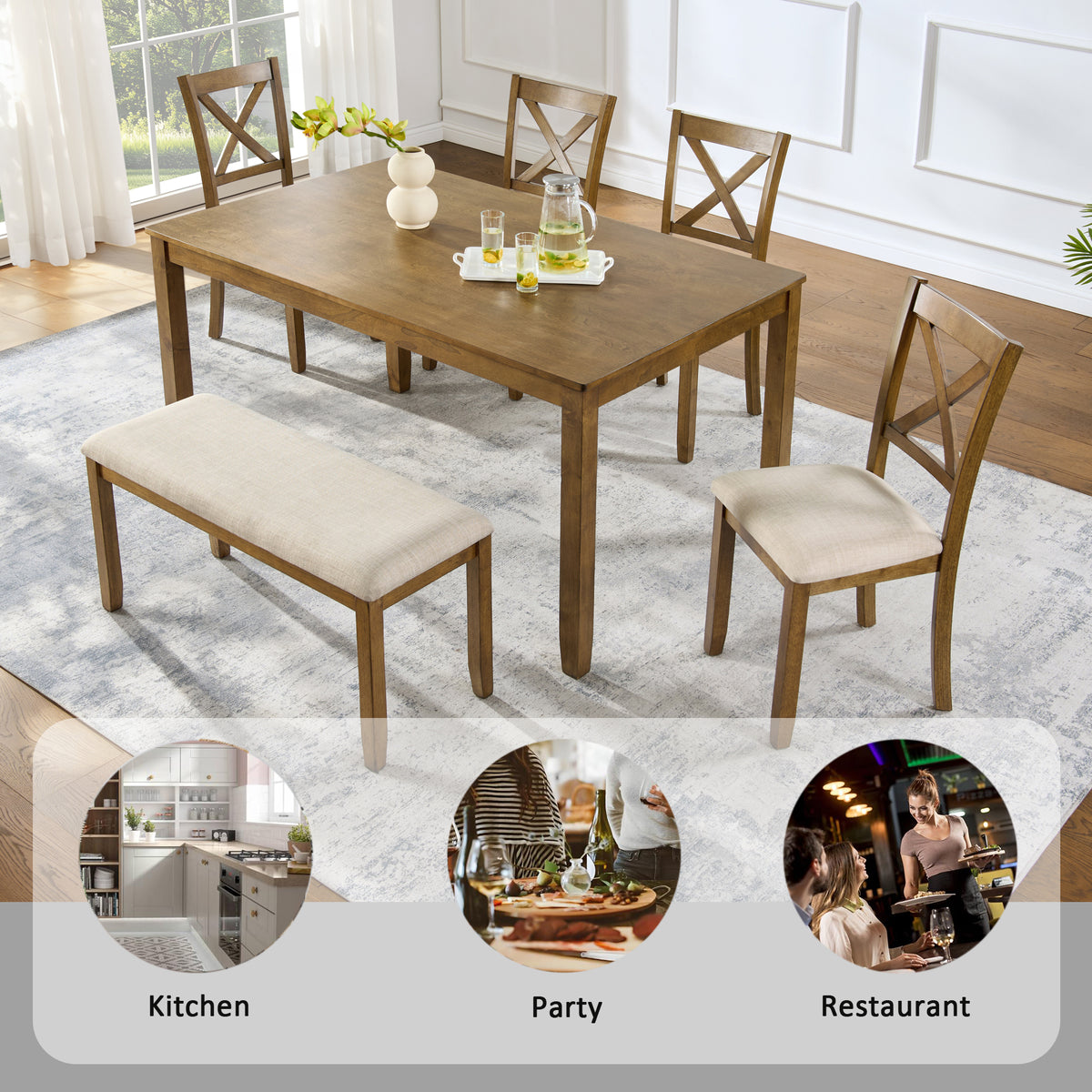 Oak Finish 6-Piece Dining Table Set – Large Rectangular Table with Upholstered Bench & 4 X-Back Chairs, Solid Rubberwood Frame, Farmhouse Kitchen Furniture for Family Dinners & Gatherings