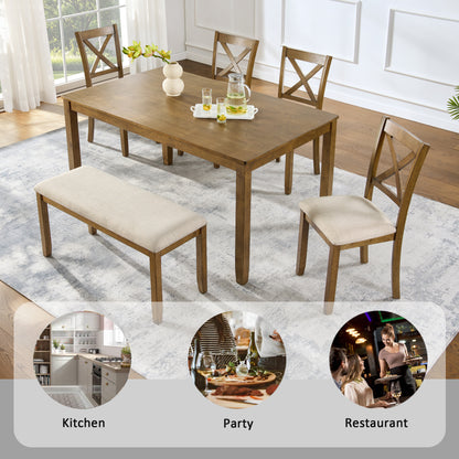 Oak Finish 6-Piece Dining Table Set – Large Rectangular Table with Upholstered Bench & 4 X-Back Chairs, Solid Rubberwood Frame, Farmhouse Kitchen Furniture for Family Dinners & Gatherings