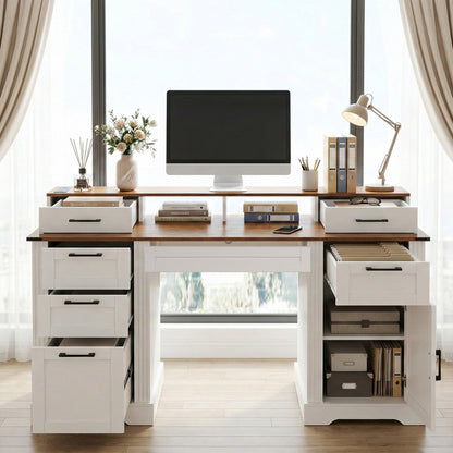 White Farmhouse Office Desk with Charging Station, Monitor Stand & Storage Cabinet, Barn Door Design, MDF, 59.5' L x 21' W x 35.8' H