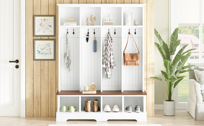 Farmhouse Hall Tree with 8 Hooks, Practical Entryway Bench with Open Compartments, 76.7"H Modern 3-in-1 Wooden Style Coat and Shoe Rack for Mudroom, Living Room, White (OLD SKU: N721S000075K)