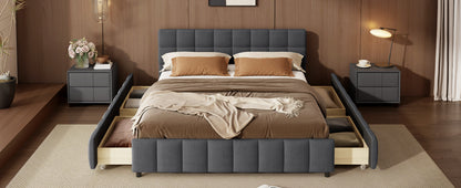 Queen Size Upholstered Platform Bed Frame with 4 Storage Drawers, Block Grid Tufted Headboard, Linen Fabric Padded Bed Frame, Gray