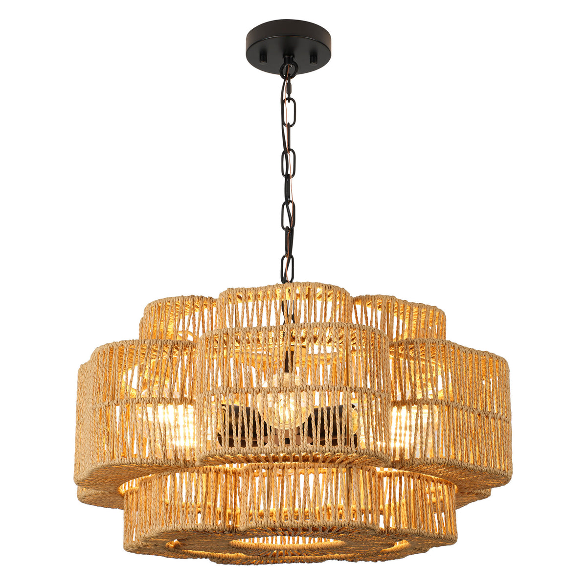 21.65" 2-Tier Black Paper Rope Chandelier, 6xE26 Max 60W Pendant Light with Adjustable Hanging Chain