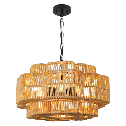 21.65" 2-Tier Black Paper Rope Chandelier, 6xE26 Max 60W Pendant Light with Adjustable Hanging Chain