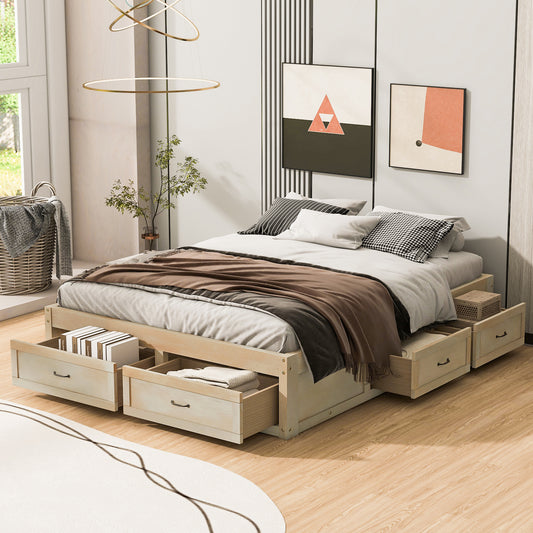 Queen Size Platform Bed with 6 Storage Drawers, Antique Natural
