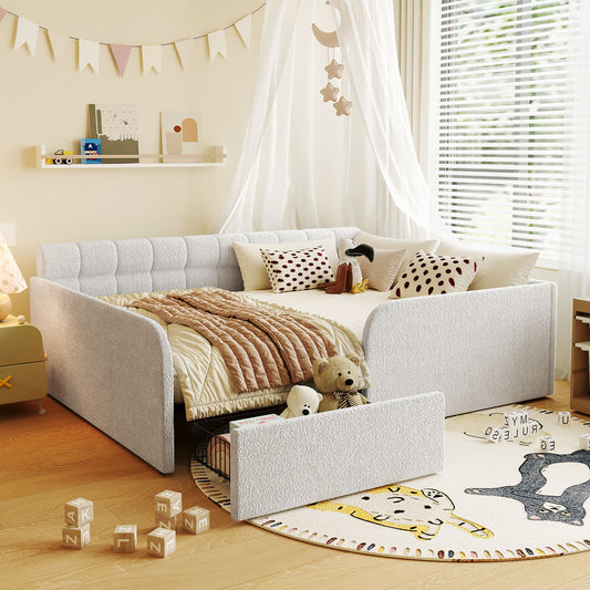 Full Size Bouclé Fabric Daybed Frame with Storage Drawer, White