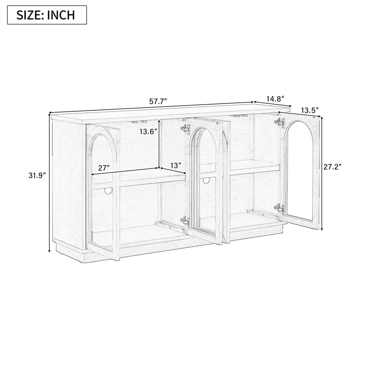 TREXM 4-Door Large Storage Buffet Cabinet with Glass Doors, Arched Cabinet with Adjustable Shelves - Navy