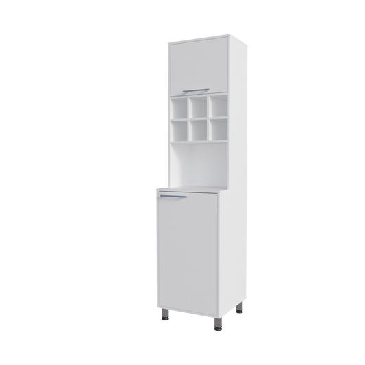 Rock Kitchen Pantry with Pneumatic Door, Open Storage, and Bottom Cabinet, White.