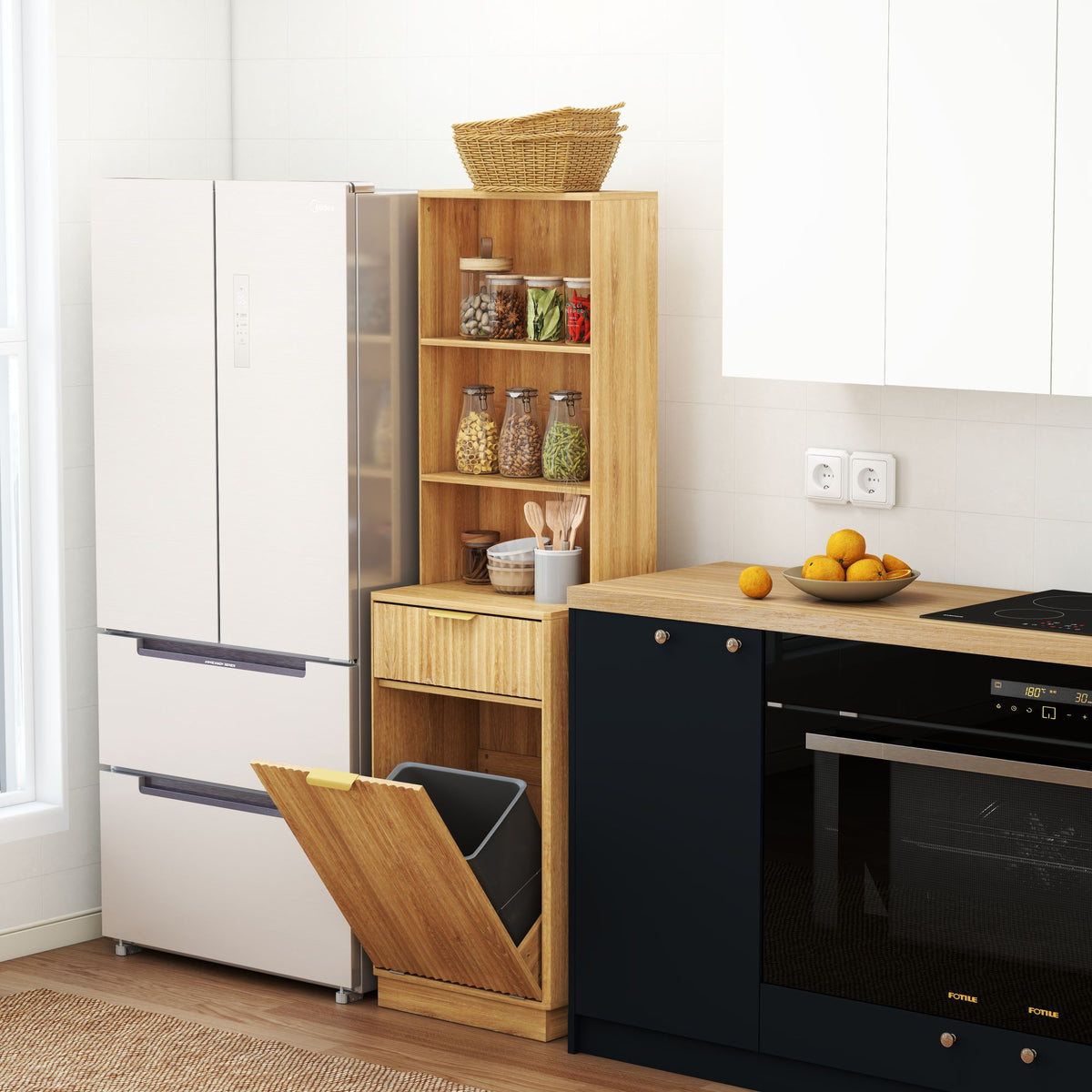 Tall Narrow Fluted Storage Cabinet with 10-Gallon Hidden Trash Bin Compartment, Freestanding Cabinet, Fixed Open Shelves & Drawer, Anti‑Tip for Kitchen Home‑Office Living Room (Trash Can NOT Included)