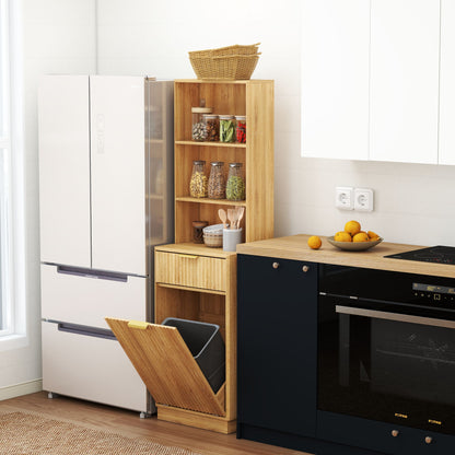 Tall Narrow Fluted Storage Cabinet with 10-Gallon Hidden Trash Bin Compartment, Freestanding Cabinet, Fixed Open Shelves & Drawer, Anti‑Tip for Kitchen Home‑Office Living Room (Trash Can NOT Included)