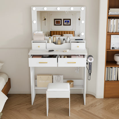 Makeup Vanity Desk with 9 Hollywood Bulbs,with a large mirror, featuring 4 drawers and 1 open storage box, equipped with a power socket, a hair dryer stand and a makeup stool,white