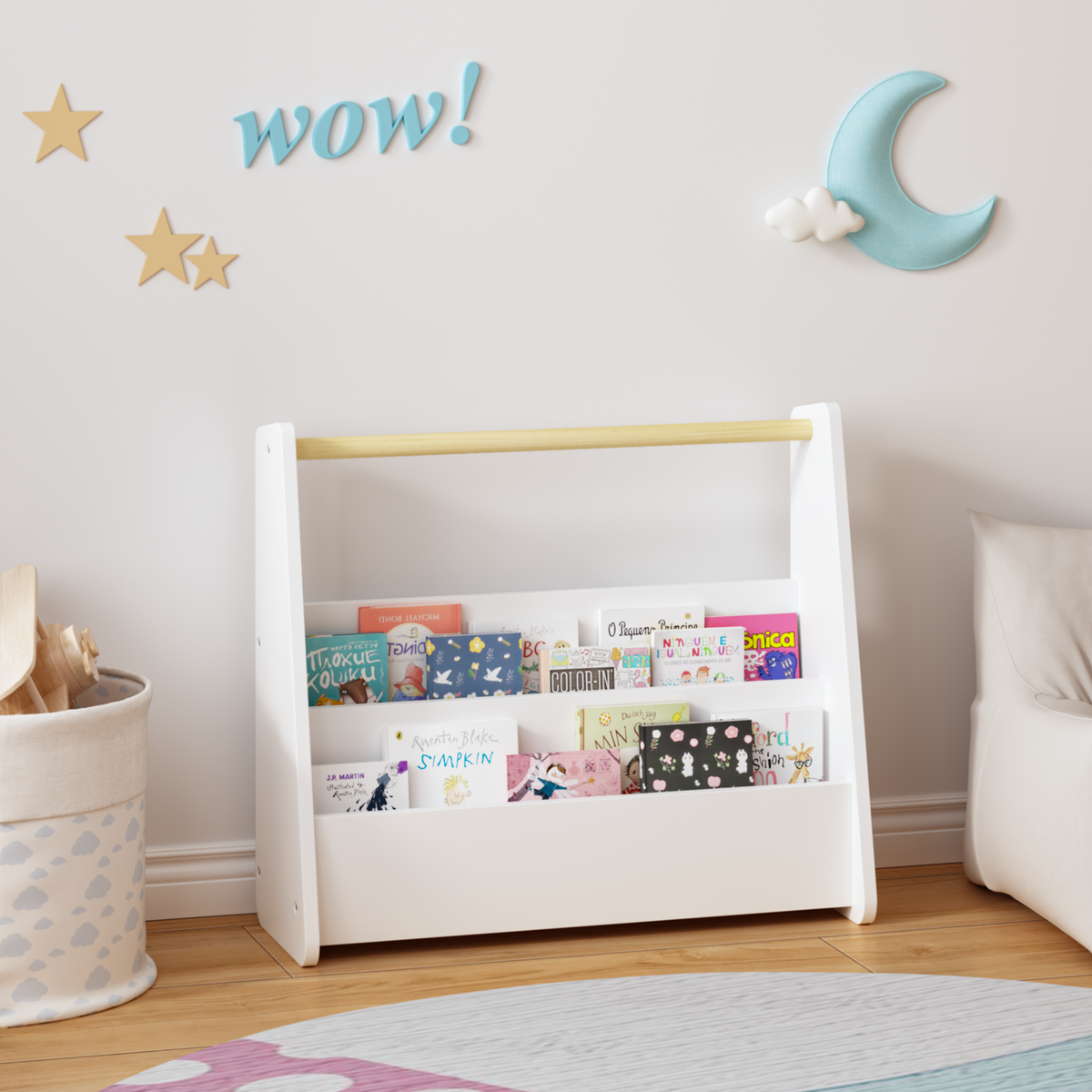 Kids Bookshelf with Wooden Handle, 2-Tier Front-Facing Toddler Bookcase, Portable Children's Book Storage Organizer, or Classroom, White