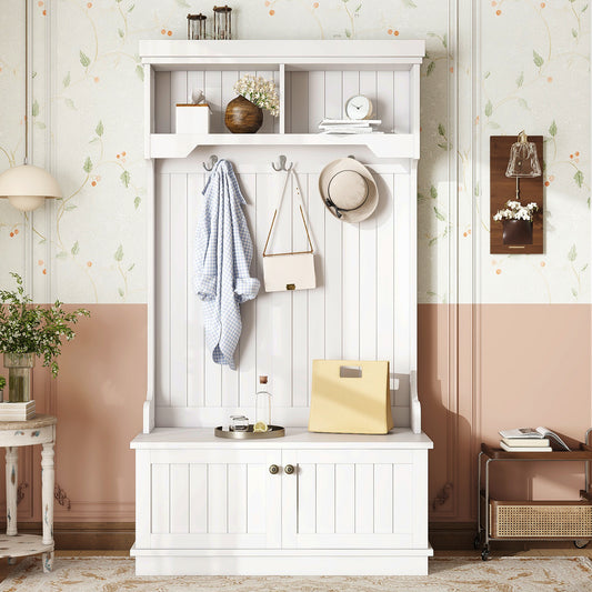 Hall Tree with Storage Shoe Bench for Entryway and Hallway, 4-in-1 Design Coat Racks with Hooks for Living Room, White