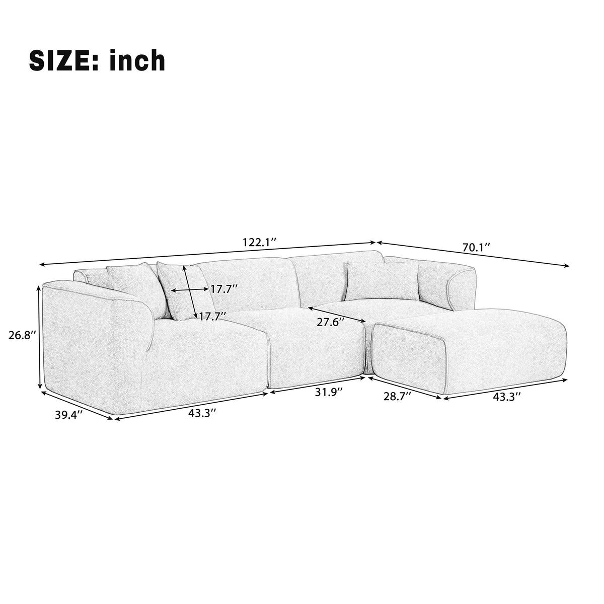 U_Style Luxury living room double-needle cut velvet sofa, 4-seater with pure sponge seat cushions and a detachable footstool