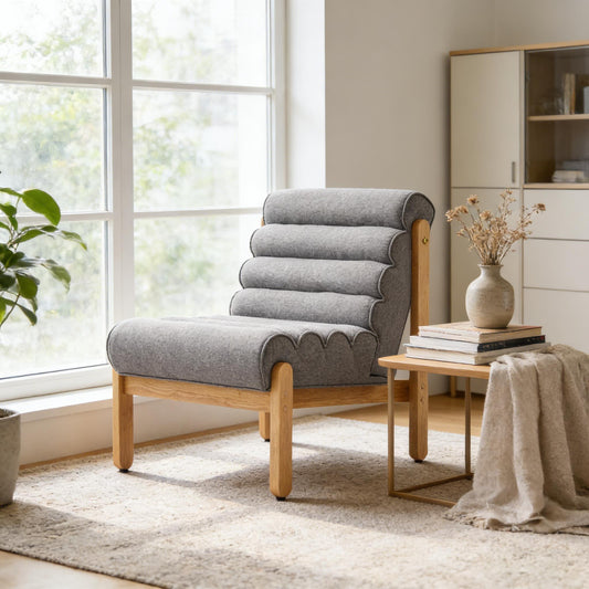 Fluffy Accent Chair Gray with Natural Solid Wood Frame